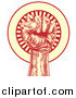 Vector Illustration of a Retro Red and Yellow Engraved Revolutionary Fist over a Circle of Rays by AtStockIllustration