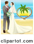 Vector Illustration of a Romantic Newlywed Couple Gazing and Standing on a Tropical Beach by AtStockIllustration