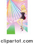 Vector Illustration of a Sexy Blond Woman Sitting on Barstool with Champagne, over Rainbow Rays by AtStockIllustration