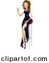 Vector Illustration of a Sexy Brunette Woman in a Long Dress, Holding a Cocktail and Sitting on a Stool by AtStockIllustration