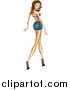 Vector Illustration of a Sexy Pinup Woman Walking in Heels and Daisy Duke Denim Shorts by AtStockIllustration