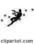 Vector Illustration of a Silhouetted Action Hero Shooting, over Bullet Holes by AtStockIllustration