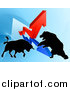 Vector Illustration of a Silhouetted Bear Vs Bull Stock Market Design with Arrows over a Graph by AtStockIllustration