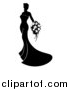 Vector Illustration of a Silhouetted Black and White Bride in Her Dress, Holding a Bouquet by AtStockIllustration