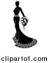 Vector Illustration of a Silhouetted Black and White Bride in Her Gown, Holding a Bouquet by AtStockIllustration