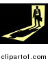 Vector Illustration of a Silhouetted Businessman Carrying a Briefcase, Standing in a Doorway with Bright Light from Behind, Casting a Shadow in Front of Him in a Dark Room, Symbolizing the Unknown Future by AtStockIllustration
