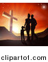 Vector Illustration of a Silhouetted Christian Family Walking Towards a Cross at Sunset by AtStockIllustration