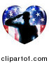 Vector Illustration of a Silhouetted Military Veteran Saluting over an American Flag Heart and Bursts by AtStockIllustration