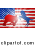 Vector Illustration of a Silhouetted Political Aggressive Democratic Donkey or Horse and Republican Elephant Battling over an American Flag and Burst by AtStockIllustration