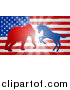 Vector Illustration of a Silhouetted Political Aggressive Democratic Donkey or Horse and Republican Elephant Battling over an American Flag and Burst by AtStockIllustration