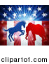 Vector Illustration of a Silhouetted Political Democratic Donkey or Horse and Republican Elephant Fighting over an American Design and Burst by AtStockIllustration