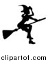 Vector Illustration of a Silhouetted Witch Tipping Her Hat and Flying on a Broomstick by AtStockIllustration