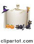 Vector Illustration of a Skeleton Pointing down to a Halloween Sign with Black Cats a Broomstick Witch Hat and and Pumpkins by AtStockIllustration