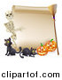 Vector Illustration of a Skeleton Pointing to a Halloween Scroll Sign with Black Cats a Broomstick and Pumpkins by AtStockIllustration