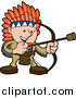 Vector Illustration of a Smiling Boy in a Native American Indian Costume of Leather and Feathers, Shooting an Arrow with a Cork on the Tip by AtStockIllustration