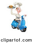 Vector Illustration of a Snooty White Male Chef with a Curling Mustache, Holding a Gourmet Cheeseburger on a Tray and Driving a Scooter by AtStockIllustration