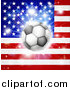 Vector Illustration of a Soccer Ball over an American Flag with Fireworks by AtStockIllustration