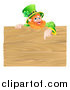 Vector Illustration of a St Patricks Day Leprechaun Pointing down to a Wooden Sign by AtStockIllustration