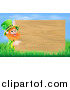 Vector Illustration of a St Patricks Day Leprechaun Pointing to a Wooden Sign over Grass and Sky by AtStockIllustration