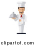 Vector Illustration of a Stylized Male Chef with a Curling Mustache, Standing with a Napkin Draped over His Arm and a Cloche Platter in Hand by AtStockIllustration