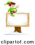 Vector Illustration of a Waving Happy Christmas Elf Sitting on a Sign by AtStockIllustration