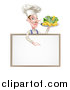 Vector Illustration of a White Male Chef with a Curling Mustache, Holding a Fish and Chips on a Tray and Pointing down over a Menu by AtStockIllustration
