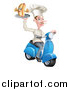 Vector Illustration of a White Male Chef with a Curling Mustache, Holding a Hot Dog on a Scooter by AtStockIllustration