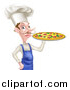 Vector Illustration of a White Male Chef with a Curling Mustache, Holding a Pizza by AtStockIllustration