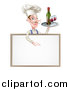 Vector Illustration of a White Male Chef with a Curling Mustache, Pointing down and Holding a Tray with Red Wine over a Blank Menu Sign Board by AtStockIllustration