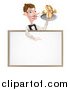 Vector Illustration of a White Male Waiter with a Curling Mustache, Holding a Hot Dog on a Platter over a Blank Menu Sign by AtStockIllustration