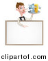 Vector Illustration of a White Male Waiter with a Curling Mustache, Holding Fish and a Chips on a Tray and Pointing down over a Menu by AtStockIllustration