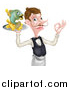 Vector Illustration of a White Male Waiter with a Curling Mustache, Holding Fish and a French Fry Character on a Tray and Gesturing Okay by AtStockIllustration