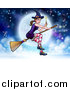 Vector Illustration of a Witch Holding a Magic Wand and Flying on a Broomstick over a Full Moon by AtStockIllustration