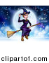 Vector Illustration of a Witch Tipping Her Hat and Flying on a Broomstick over a Full Moon by AtStockIllustration