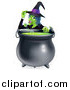 Vector Illustration of a Witch Touching Her Hat from Behind a Boiling Halloween Cauldron by AtStockIllustration