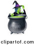 Vector Illustration of a Witch Touching Her Hat from Behind a Boiling Happy Halloween Cauldron by AtStockIllustration