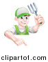 Vector Illustration of a Young Brunette White Male Gardener in Green, Holding up a Garden Fork and Pointing down over a Sign by AtStockIllustration