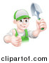 Vector Illustration of a Young Brunette White Male Gardener in Green, Holding up a Shovel and Giving a Thumb up by AtStockIllustration