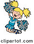 Vector Illustration of an Energetic Blond Cheerleader Girl in a Blue Uniform, Jumping with Pom Poms by AtStockIllustration