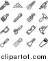 Vector Illustration of Black and White Screw, Measuring Tools, Pliers, Glue Gun, Paintbrush, Wrenches, Hammer, Saws, Scissors, Levelers, and Scraper Icons on a White Background by AtStockIllustration