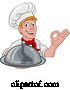 Vector Illustration of Cartoon Chef Cook Baker Guy Holding Domed Tray by AtStockIllustration