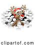 Vector Illustration of Cartoon Christmas Reindeer in Santa Hat Breaking Wall by AtStockIllustration