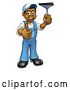 Vector Illustration of Cartoon Full Length Black Male Window Cleaner in Blue, Giving a Thumb up and Holding a Squeegee by AtStockIllustration