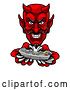 Vector Illustration of Cartoon Grinning Evil Red Devil Playing with a Video Game Controller by AtStockIllustration