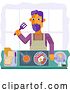 Vector Illustration of Cartoon Guy Cooking Food Fried English Breakfast Kitchen by AtStockIllustration