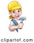Vector Illustration of Cartoon White Female Carpenter Holding a Hammer Around a Sign by AtStockIllustration