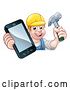 Vector Illustration of Cartoon White Male Carpenter Holding a Hammer and Cell Phone over a Sign by AtStockIllustration