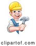 Vector Illustration of Cartoon White Male Carpenter Holding a Hammer Around a Sign by AtStockIllustration