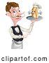 Vector Illustration of Cartoon White Male Waiter Holding a Hot Dog Chef on a Platter and Pointing by AtStockIllustration