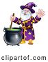 Vector Illustration of Cartoon Wizard Mixing a Potion and Waving by AtStockIllustration